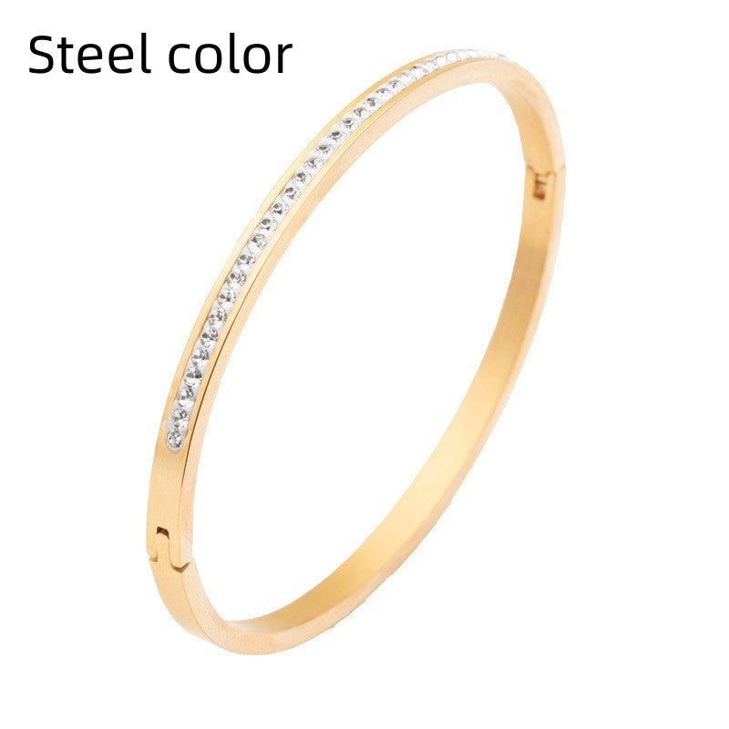 Elegant Single Row Diamond Stainless Steel Bracelet with Easy-Open Clasp