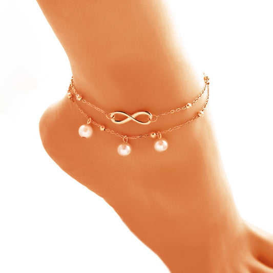 8-shaped Double layer Pearl Alloy Anklet