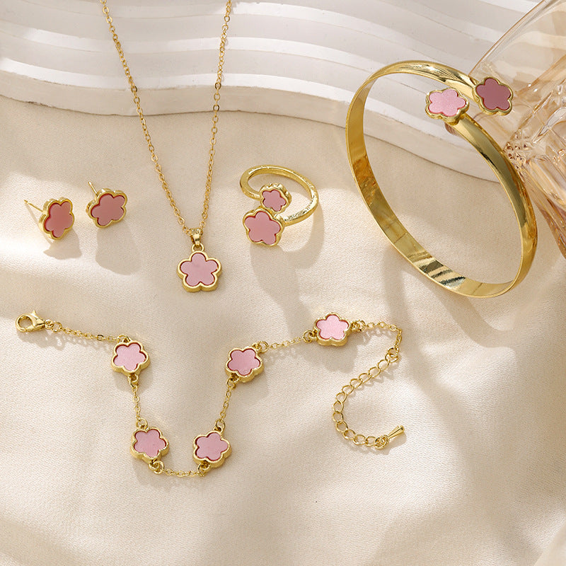 Elegant Floral Acrylic Jewelry Set Necklace, Bracelet, Ring & Earrings